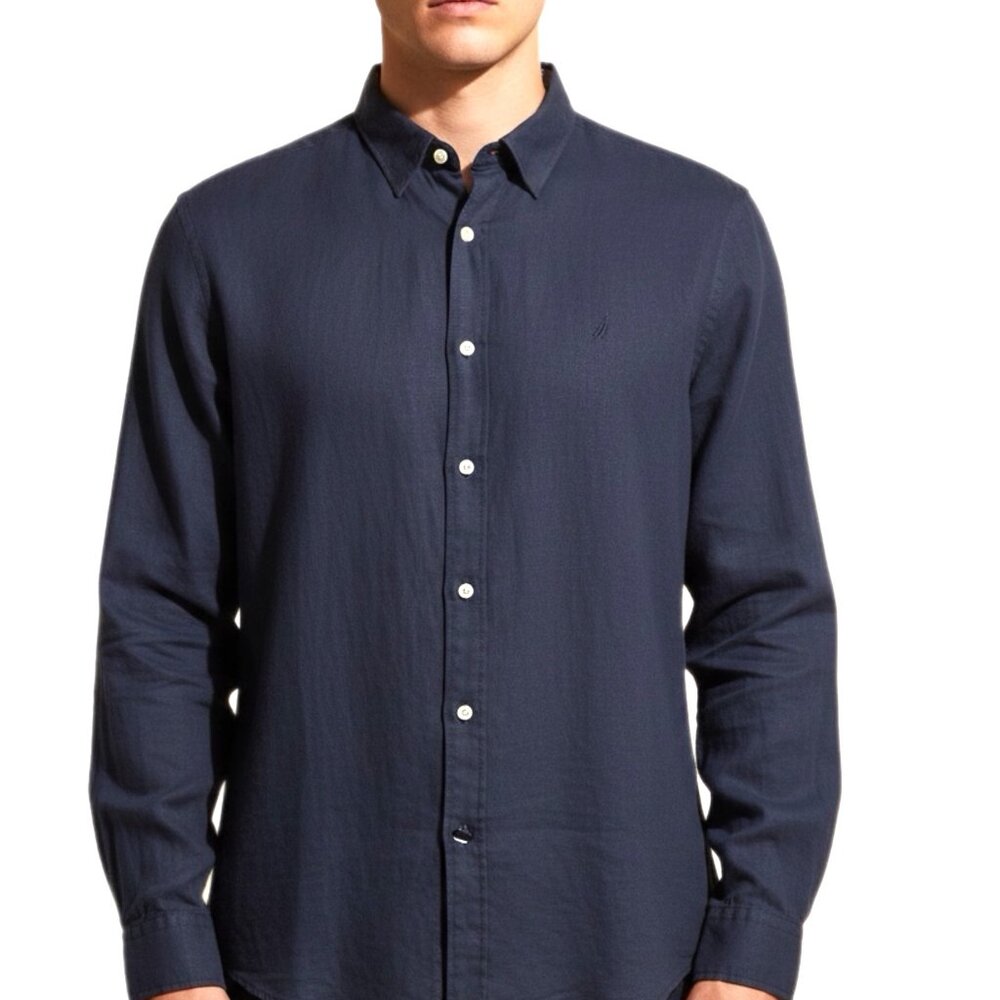 Nautica Shirt Mens 3XL Navy Linen Relaxed Coastal Yacht Club Dad Heritage Resort
